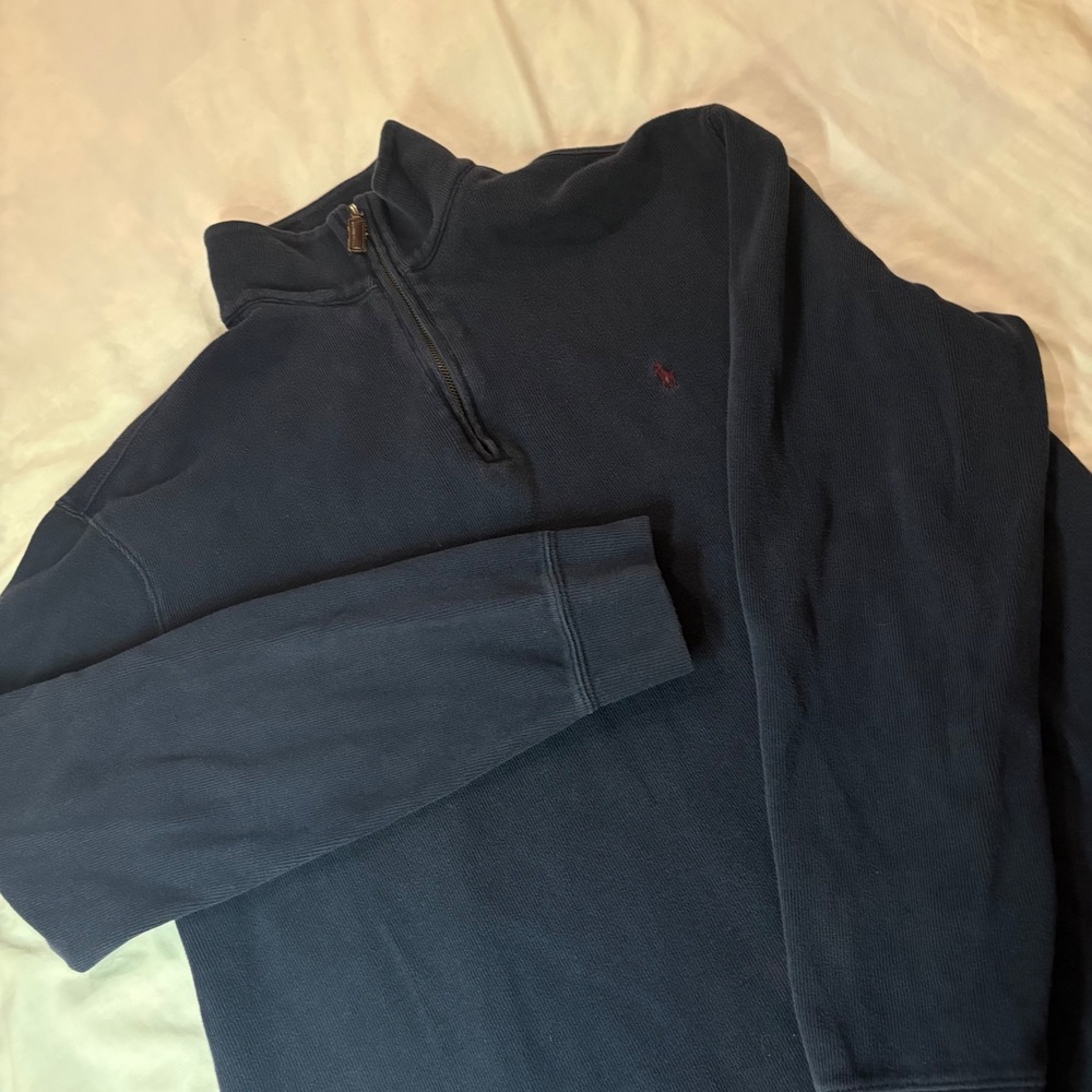 Polo Ralph Lauren Mens Large Navy Blue 100% Cotton Ribbed Quarter Zip Pullover